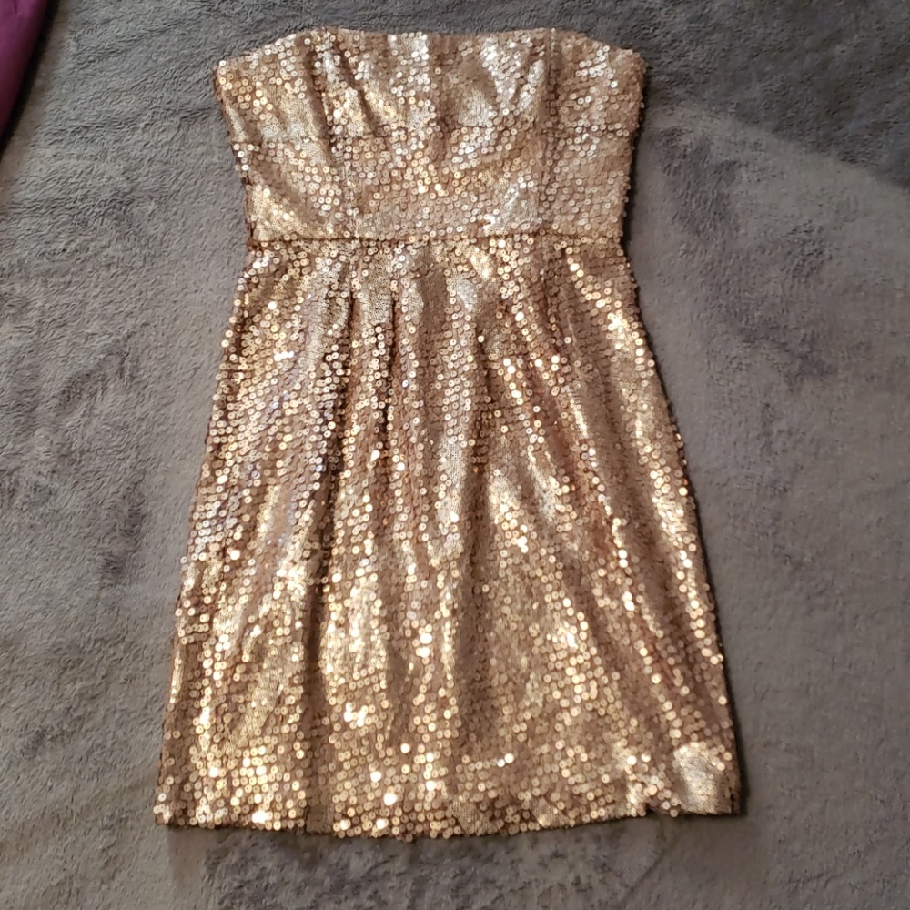 BCBG Maxazria Gold sequin strapless party dress
